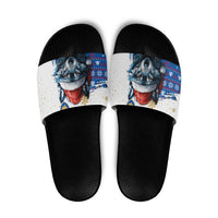 Kosovo Christmas Slide Sandals with Santa Wolf Snowflakes Blue Pattern and National Emblem - Wonder Print Shop