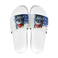 Kosovo Christmas Slide Sandals with Santa Wolf Snowflakes Blue Pattern and National Emblem - Wonder Print Shop