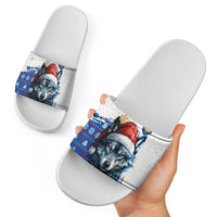Kosovo Christmas Slide Sandals with Santa Wolf Snowflakes Blue Pattern and National Emblem - Wonder Print Shop
