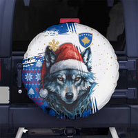 Kosovo Christmas Spare Tire Cover with Santa Wolf Snowflakes Blue Pattern and National Emblem - Wonder Print Shop