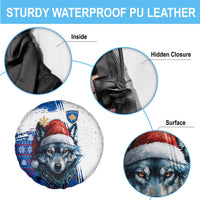 Kosovo Christmas Spare Tire Cover with Santa Wolf Snowflakes Blue Pattern and National Emblem - Wonder Print Shop