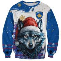 Kosovo Christmas Sweatshirt with Santa Wolf Snowflakes Blue Pattern and National Emblem - Wonder Print Shop