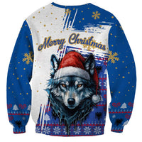 Kosovo Christmas Sweatshirt with Santa Wolf Snowflakes Blue Pattern and National Emblem - Wonder Print Shop