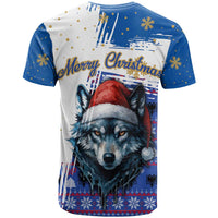 Kosovo Christmas T Shirt with Santa Wolf Snowflakes Blue Pattern and National Emblem - Wonder Print Shop