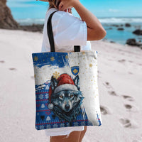Kosovo Christmas Tote Bag with Santa Wolf Snowflakes Blue Pattern and National Emblem - Wonder Print Shop