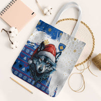 Kosovo Christmas Tote Bag with Santa Wolf Snowflakes Blue Pattern and National Emblem - Wonder Print Shop