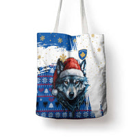 Kosovo Christmas Tote Bag with Santa Wolf Snowflakes Blue Pattern and National Emblem - Wonder Print Shop