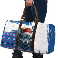 Kosovo Christmas Travel Bag with Santa Wolf Snowflakes Blue Pattern and National Emblem - Wonder Print Shop