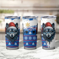 Kosovo Christmas Tumbler Cup with Santa Wolf Snowflakes Blue Pattern and National Emblem - Wonder Print Shop
