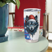 Kosovo Christmas Tumbler Cup with Santa Wolf Snowflakes Blue Pattern and National Emblem - Wonder Print Shop