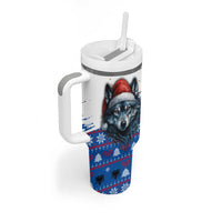 Kosovo Christmas Tumbler With Handle with Santa Wolf Snowflakes Blue Pattern and National Emblem - Wonder Print Shop