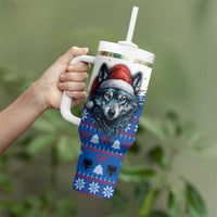Kosovo Christmas Tumbler With Handle with Santa Wolf Snowflakes Blue Pattern and National Emblem - Wonder Print Shop