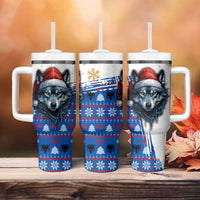 Kosovo Christmas Tumbler With Handle with Santa Wolf Snowflakes Blue Pattern and National Emblem - Wonder Print Shop
