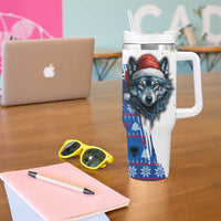 Kosovo Christmas Tumbler With Handle with Santa Wolf Snowflakes Blue Pattern and National Emblem - Wonder Print Shop
