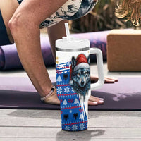 Kosovo Christmas Tumbler With Handle with Santa Wolf Snowflakes Blue Pattern and National Emblem - Wonder Print Shop