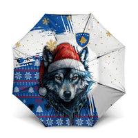 Kosovo Christmas Umbrella with Santa Wolf Snowflakes Blue Pattern and National Emblem - Wonder Print Shop