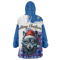 Kosovo Christmas Wearable Blanket Hoodie with Santa Wolf Snowflakes Blue Pattern and National Emblem - Wonder Print Shop