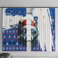 Kosovo Christmas Window Curtain with Santa Wolf Snowflakes Blue Pattern and National Emblem - Wonder Print Shop