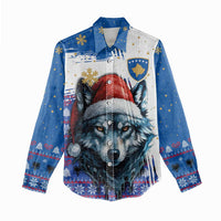 Kosovo Christmas Women Casual Shirt with Santa Wolf Snowflakes Blue Pattern and National Emblem - Wonder Print Shop
