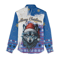 Kosovo Christmas Women Casual Shirt with Santa Wolf Snowflakes Blue Pattern and National Emblem - Wonder Print Shop