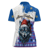 Kosovo Christmas Women Polo Shirt with Santa Wolf Snowflakes Blue Pattern and National Emblem - Wonder Print Shop