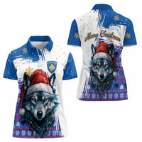 Kosovo Christmas Women Polo Shirt with Santa Wolf Snowflakes Blue Pattern and National Emblem - Wonder Print Shop
