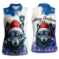 Kosovo Christmas Women Sleeveless Polo Shirt with Santa Wolf Snowflakes Blue Pattern and National Emblem - Wonder Print Shop
