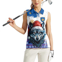 Kosovo Christmas Women Sleeveless Polo Shirt with Santa Wolf Snowflakes Blue Pattern and National Emblem - Wonder Print Shop