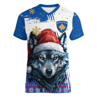 Kosovo Christmas Women V-Neck T-Shirt with Santa Wolf Snowflakes Blue Pattern and National Emblem - Wonder Print Shop