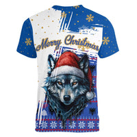 Kosovo Christmas Women V-Neck T-Shirt with Santa Wolf Snowflakes Blue Pattern and National Emblem - Wonder Print Shop