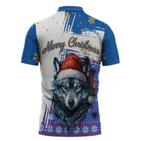 Kosovo Christmas Zipper Polo Shirt with Santa Wolf Snowflakes Blue Pattern and National Emblem - Wonder Print Shop