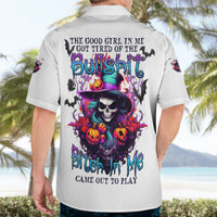 Light gray Halloween witch Hawaiian shirt, full back graphic with skull, bats, and pumpkins.