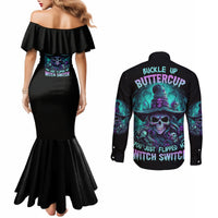 buckle-up-buttercup-skull-witch-halloween-couples-matching-mermaid-dress-and-long-sleeve-button-shirt