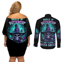 Buckle Up Buttercup Skull Witch Halloween Couples Matching Off Shoulder Short Dress and Long Sleeve Button Shirt - Wonder Print Shop