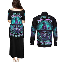 Buckle Up Buttercup Skull Witch Halloween Couples Matching Puletasi Dress and Long Sleeve Button Shirt - Wonder Print Shop