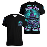 Buckle Up Buttercup Skull Witch Halloween Women V Neck T Shirt - Wonder Print Shop