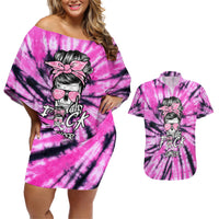 Fcks Cancer Skull Tie Dye Couples Matching Off Shoulder Short Dress and Hawaiian Shirt - Wonder Print Shop
