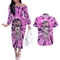 Fcks Cancer Skull Tie Dye Couples Matching Off The Shoulder Long Sleeve Dress and Hawaiian Shirt - Wonder Print Shop