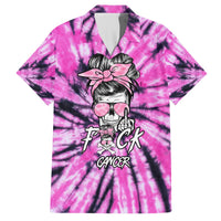 Pink tie-dye Hawaiian shirt with collared short sleeves and front skull graphic with sunglasses