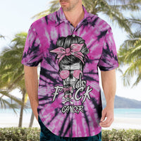 Pink tie-dye Hawaiian shirt with collared short sleeves and front skull graphic with flower