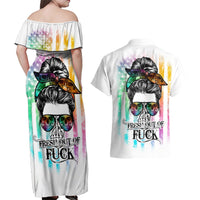 Fresh Out Of Fcks Messy Bun Tie Dye Couples Matching Off Shoulder Maxi Dress and Hawaiian Shirt - Wonder Print Shop