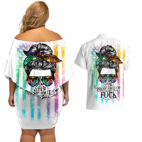 Fresh Out Of Fcks Messy Bun Tie Dye Couples Matching Off Shoulder Short Dress and Hawaiian Shirt - Wonder Print Shop