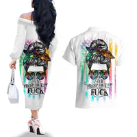 Fresh Out Of Fcks Messy Bun Tie Dye Couples Matching Off The Shoulder Long Sleeve Dress and Hawaiian Shirt - Wonder Print Shop