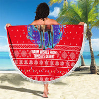 Tunisia Christmas Beach Blanket with Desert Camel Crescent Snowflake Pattern and National Emblem - Wonder Print Shop