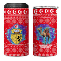 Tunisia Christmas 4 in 1 Can Cooler Tumbler with Desert Camel Crescent Snowflake Pattern and National Emblem - Wonder Print Shop