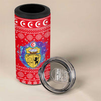 Tunisia Christmas 4 in 1 Can Cooler Tumbler with Desert Camel Crescent Snowflake Pattern and National Emblem - Wonder Print Shop