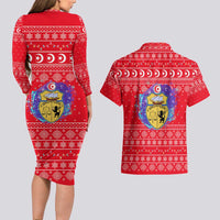 Tunisia Christmas Couples Matching Long Sleeve Bodycon Dress and Hawaiian Shirt with Desert Camel Crescent Snowflake Pattern and National Emblem - Wonder Print Shop