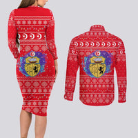Tunisia Christmas Couples Matching Long Sleeve Bodycon Dress and Long Sleeve Button Shirt with Desert Camel Crescent Snowflake Pattern and National Emblem - Wonder Print Shop