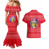 Tunisia Christmas Couples Matching Mermaid Dress and Hawaiian Shirt with Desert Camel Crescent Snowflake Pattern and National Emblem - Wonder Print Shop