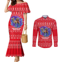 Tunisia Christmas Couples Matching Mermaid Dress and Long Sleeve Button Shirt with Desert Camel Crescent Snowflake Pattern and National Emblem - Wonder Print Shop